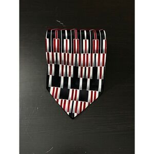 Ferracci Mens Silk Tie Red Black Silver Geometric Piano Key Music Theme USA Made